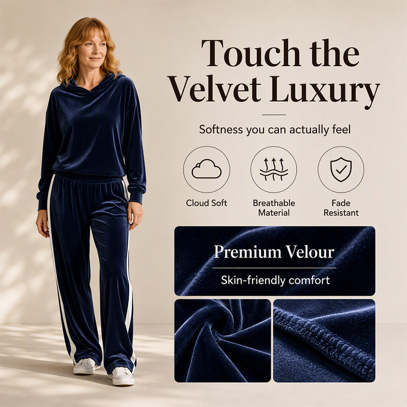 Women's Velvet Hooded Sweatshirt & Stripe Pants Set