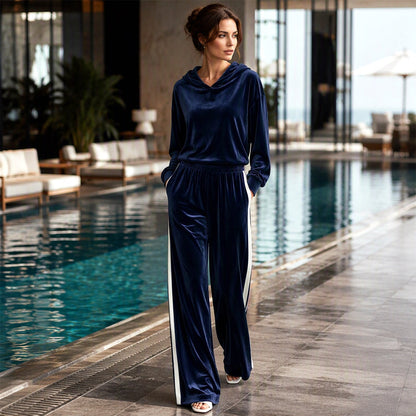 Women's Velvet Hooded Sweatshirt & Stripe Pants Set