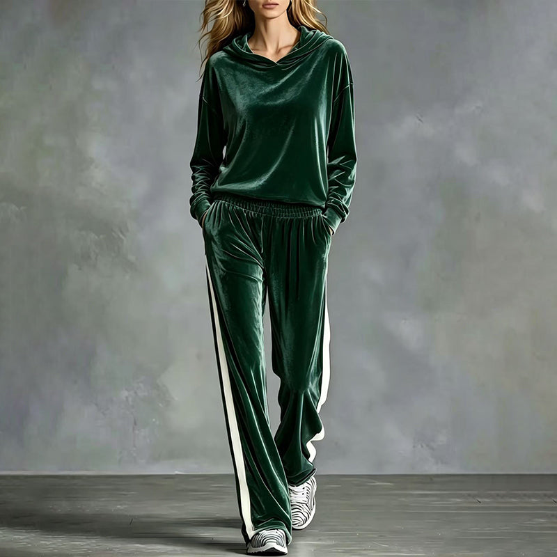 Women's Velvet Hooded Sweatshirt & Stripe Pants Set