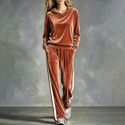 Women's Velvet Hooded Sweatshirt & Stripe Pants Set