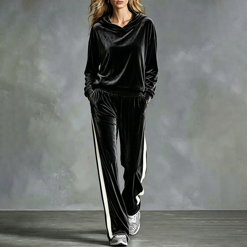 Women's Velvet Hooded Sweatshirt & Stripe Pants Set