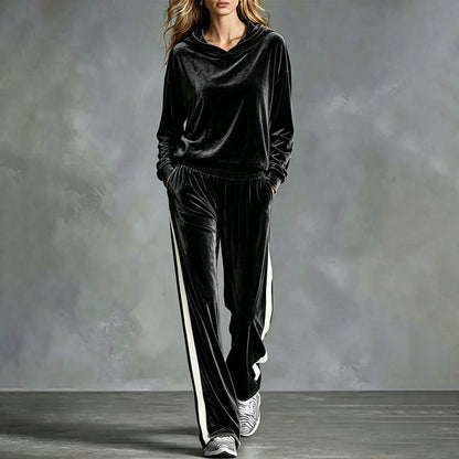 Women's Velvet Hooded Sweatshirt & Stripe Pants Set