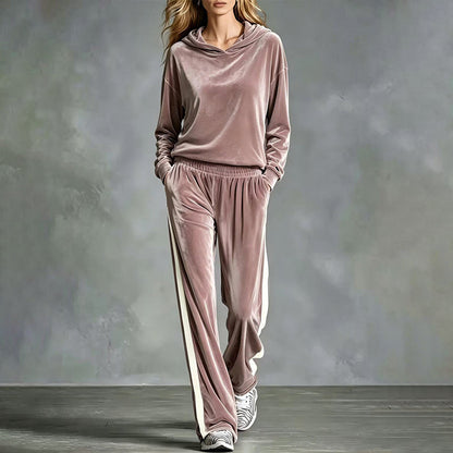 Women's Velvet Hooded Sweatshirt & Stripe Pants Set