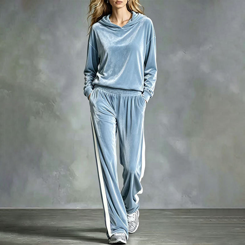 Women's Velvet Hooded Sweatshirt & Stripe Pants Set