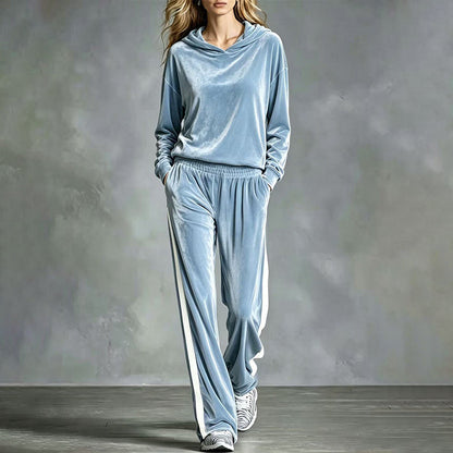 Women's Velvet Hooded Sweatshirt & Stripe Pants Set