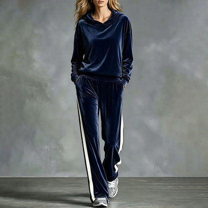Women's Velvet Hooded Sweatshirt & Stripe Pants Set