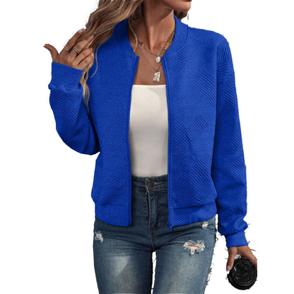 Women's Textured Zipper Baseball Collar Jacket