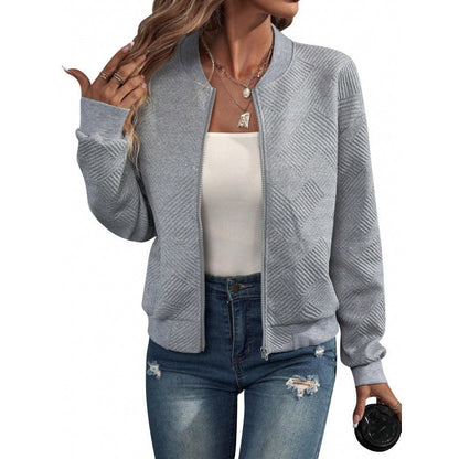Women's Textured Zipper Baseball Collar Jacket