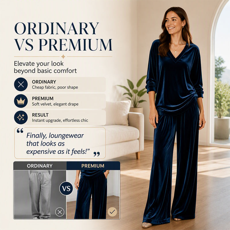 Women's Velvet V-Neck Top & Wide-Leg Pants Set