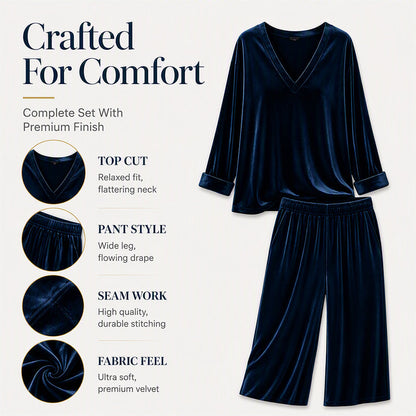 Women's Velvet V-Neck Top & Wide-Leg Pants Set