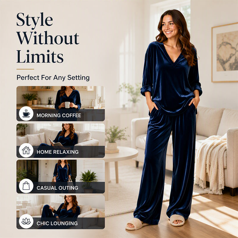 Women's Velvet V-Neck Top & Wide-Leg Pants Set