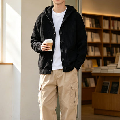 Men's Hooded Knit Cardigan Casual Loose Button Sweater Jacket
