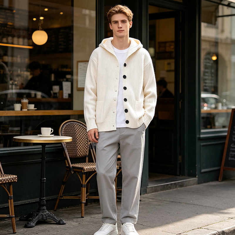 Men's Hooded Knit Cardigan Casual Loose Button Sweater Jacket