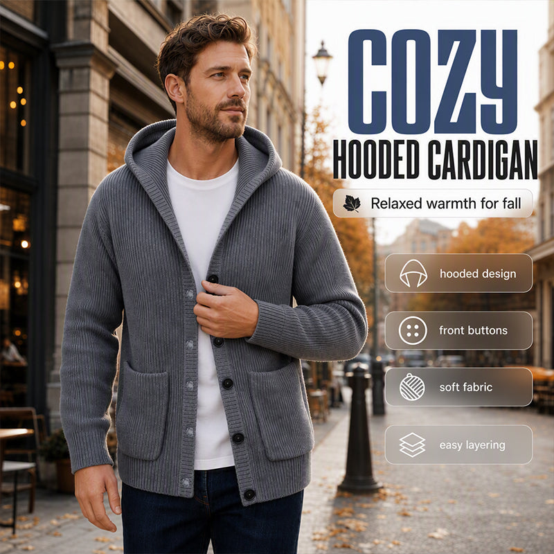 Men's Hooded Knit Cardigan Casual Loose Button Sweater Jacket