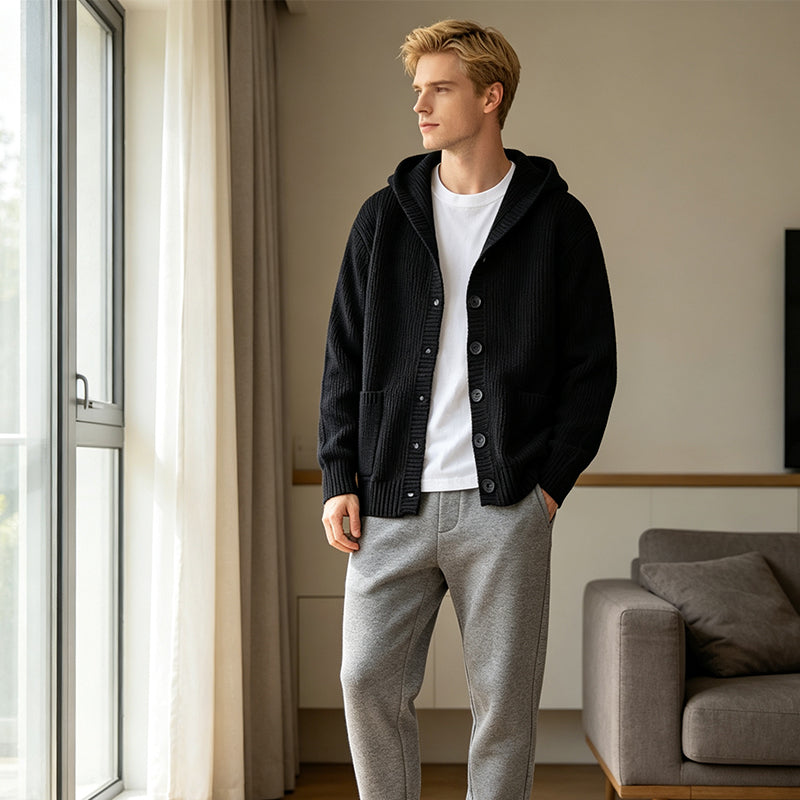 Men's Hooded Knit Cardigan Casual Loose Button Sweater Jacket