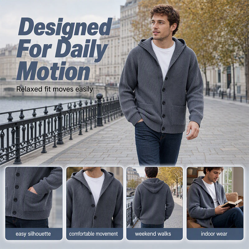 Men's Hooded Knit Cardigan Casual Loose Button Sweater Jacket