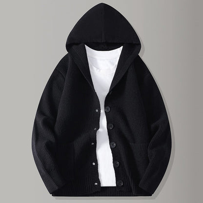 Men's Hooded Knit Cardigan Casual Loose Button Sweater Jacket