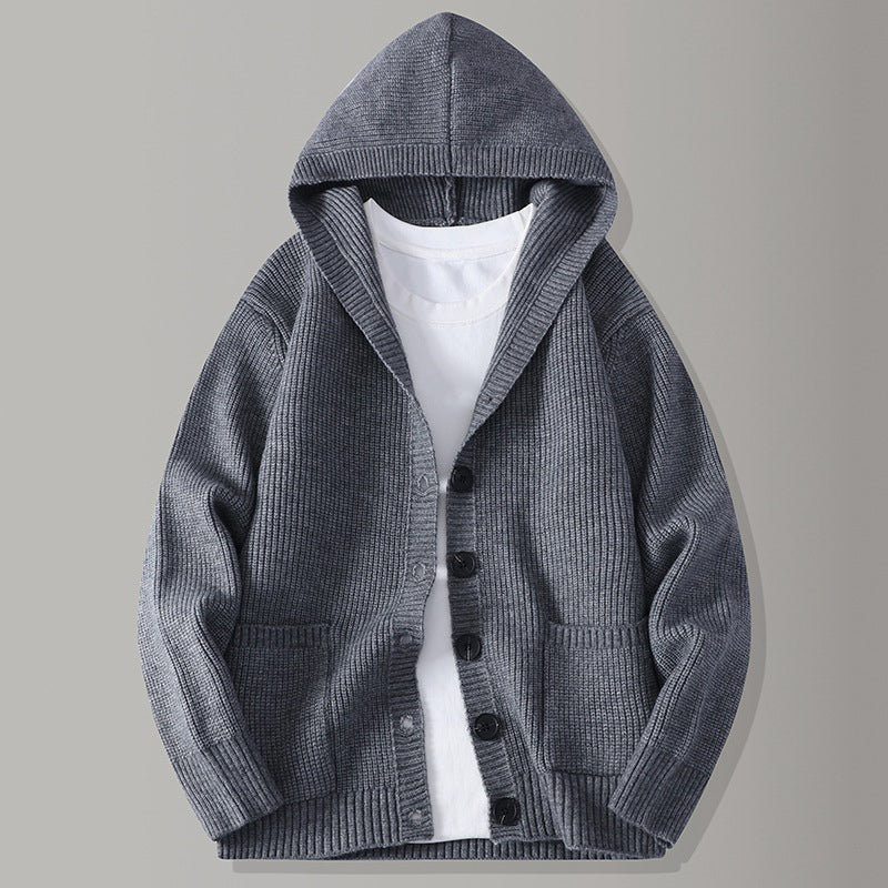 Men's Hooded Knit Cardigan Casual Loose Button Sweater Jacket