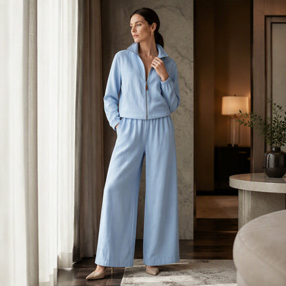 Women's Zip-Up Cardigan & Wide-Leg Pants Set