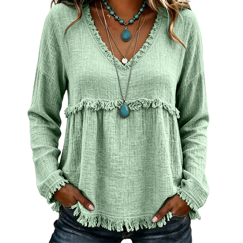 Women's Casual V-Neck Long Sleeve Top