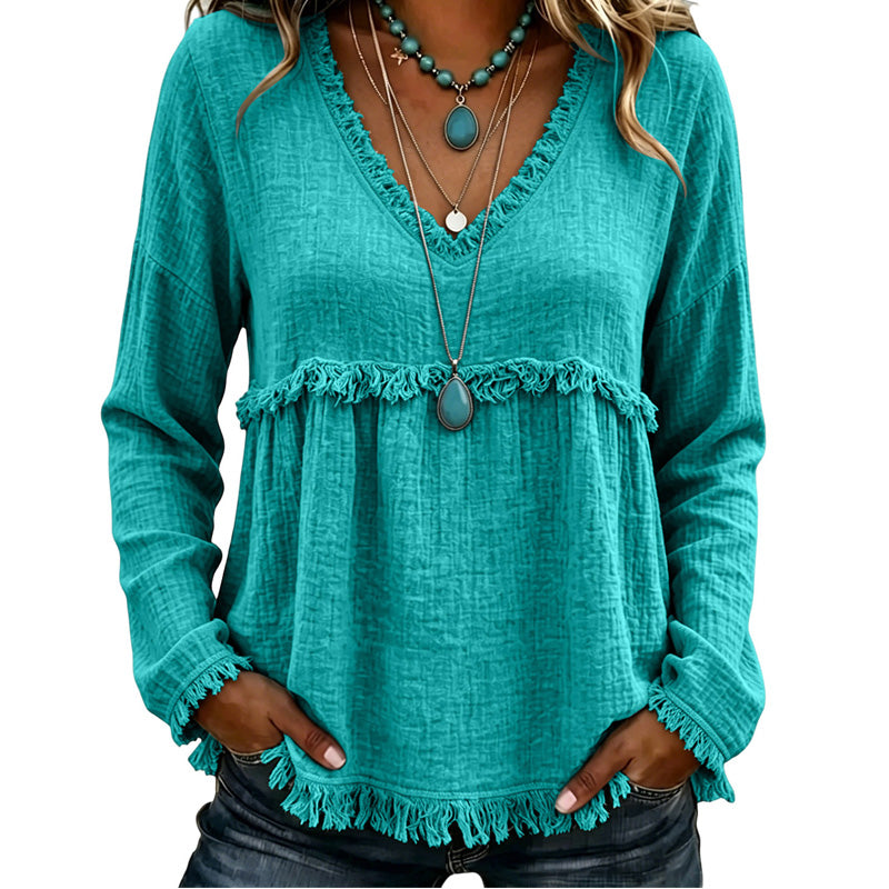 Women's Casual V-Neck Long Sleeve Top