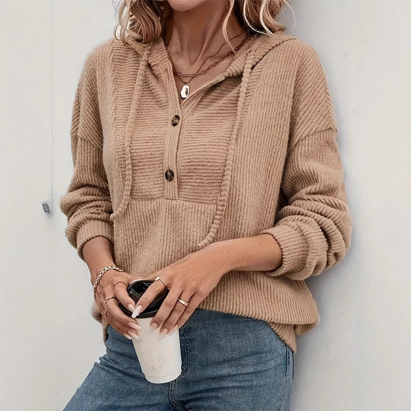 Women's Casual Ribbed Knit Pullover Hoodie