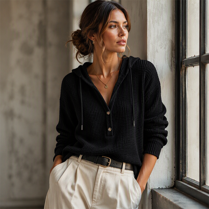 Women's Knit V-Neck Hoodie Sweatshirt