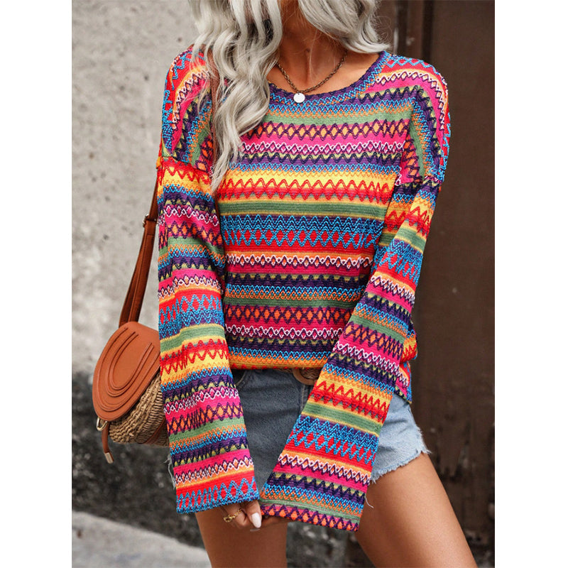 Women's Colorful Geometric Stripe Knit Sweater