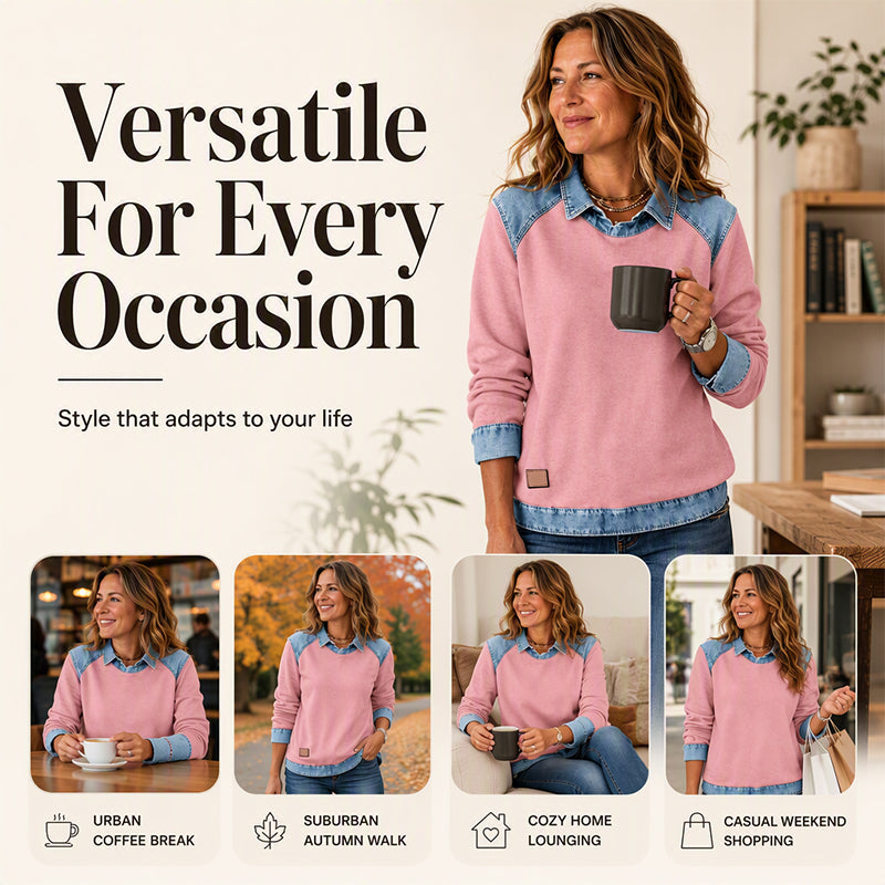 Women's Long Sleeve Denim Patchwork Sweatshirt