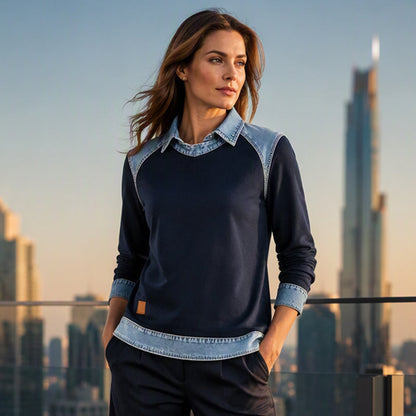 Women's Long Sleeve Denim Patchwork Sweatshirt