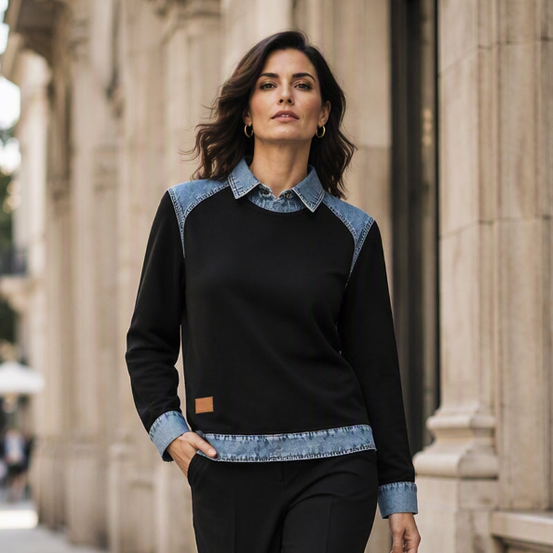 Women's Long Sleeve Denim Patchwork Sweatshirt