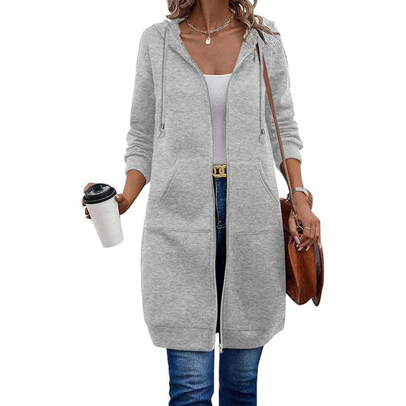 Women Mid-Length Hooded Sweatshirt Jacket Casual Zip Up Cardigan Coat with Pockets