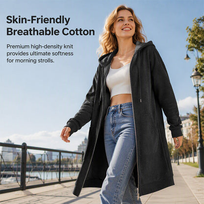 Women Mid-Length Hooded Sweatshirt Jacket Casual Zip Up Cardigan Coat with Pockets