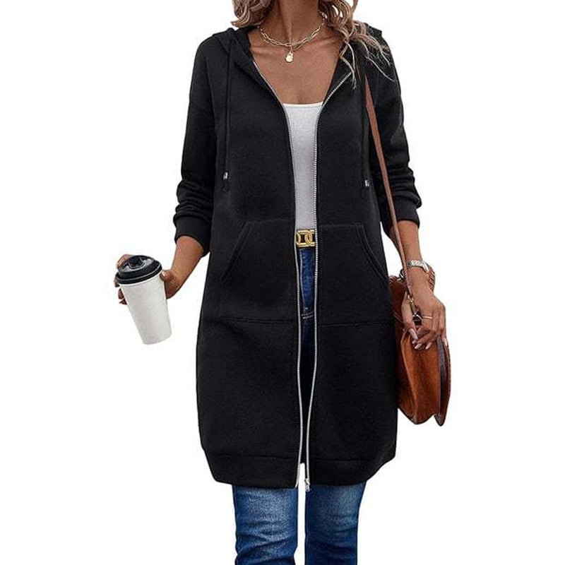 Women Mid-Length Hooded Sweatshirt Jacket Casual Zip Up Cardigan Coat with Pockets