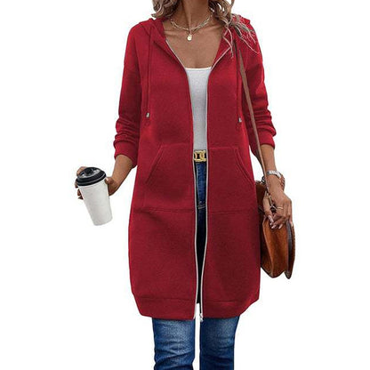 Women Mid-Length Hooded Sweatshirt Jacket Casual Zip Up Cardigan Coat with Pockets