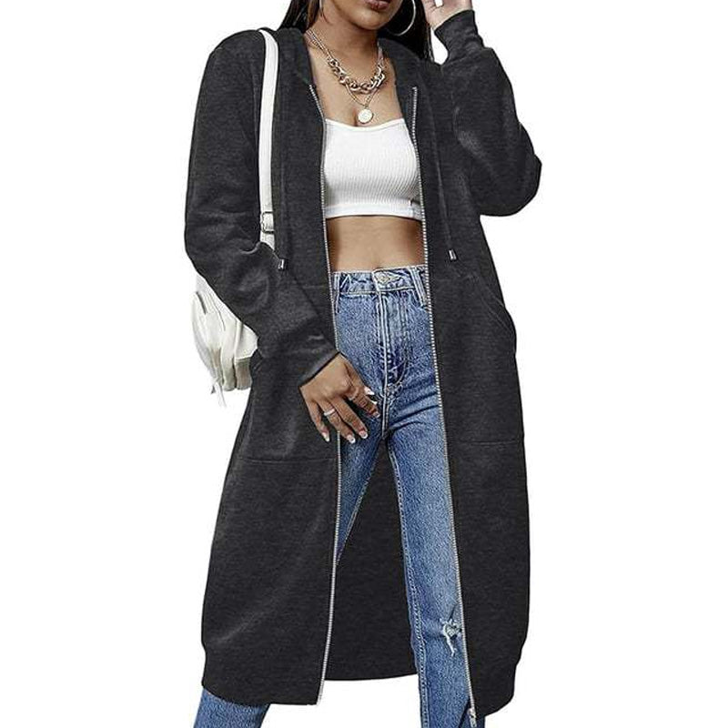 Women Mid-Length Hooded Sweatshirt Jacket Casual Zip Up Cardigan Coat with Pockets