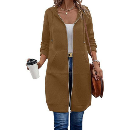 Women Mid-Length Hooded Sweatshirt Jacket Casual Zip Up Cardigan Coat with Pockets