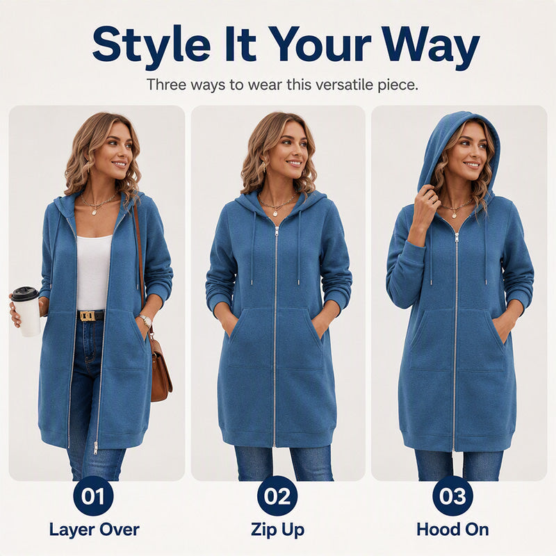 Women Mid-Length Hooded Sweatshirt Jacket Casual Zip Up Cardigan Coat with Pockets