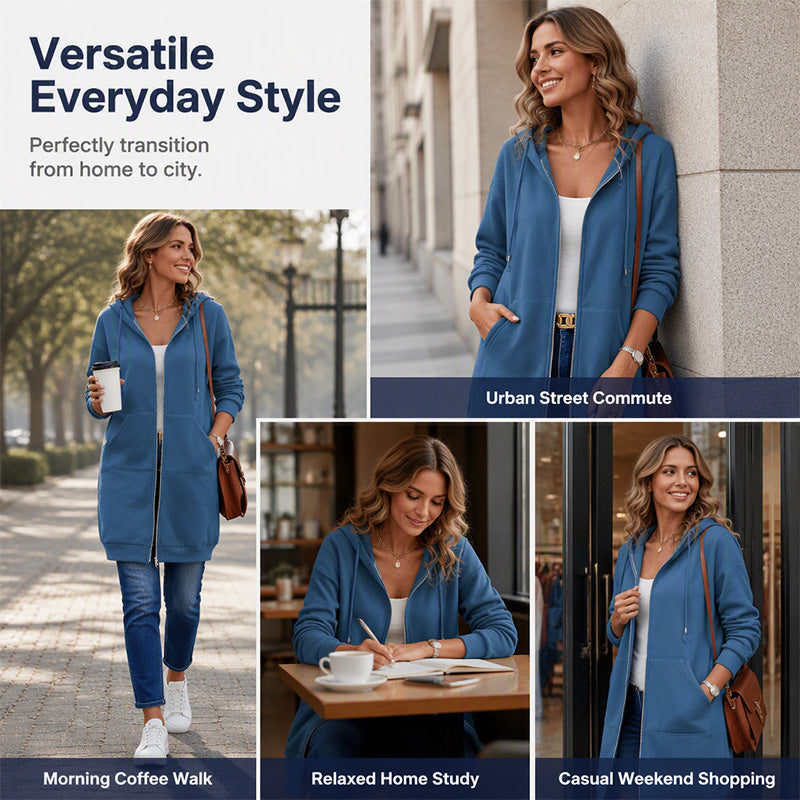 Women Mid-Length Hooded Sweatshirt Jacket Casual Zip Up Cardigan Coat with Pockets