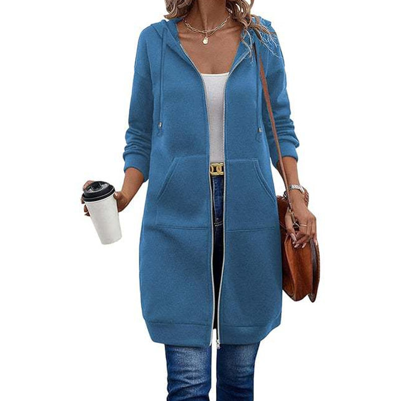 Women Mid-Length Hooded Sweatshirt Jacket Casual Zip Up Cardigan Coat with Pockets