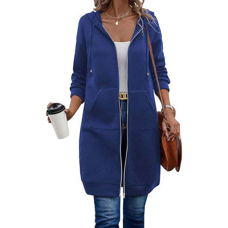 Women Mid-Length Hooded Sweatshirt Jacket Casual Zip Up Cardigan Coat with Pockets