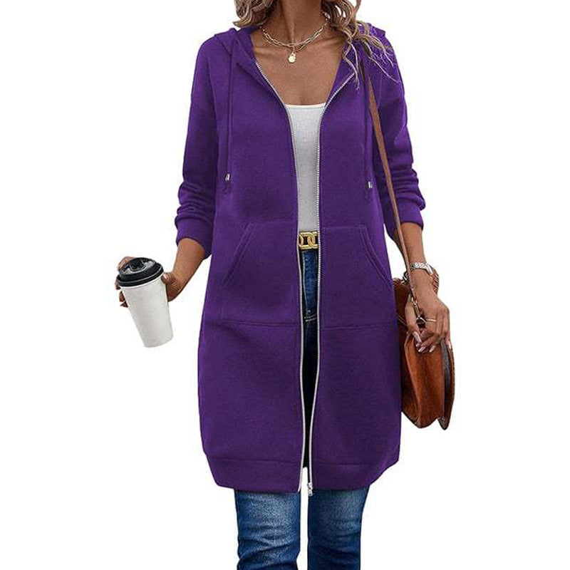 Women Mid-Length Hooded Sweatshirt Jacket Casual Zip Up Cardigan Coat with Pockets