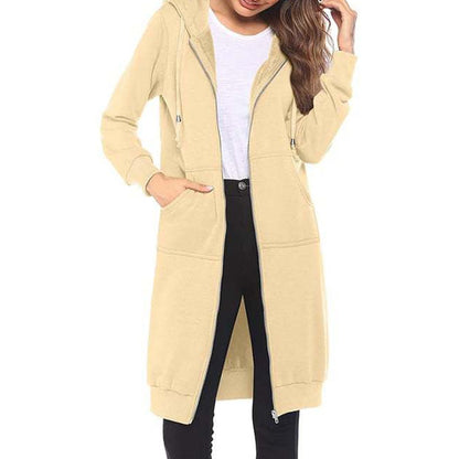 Women Mid-Length Hooded Sweatshirt Jacket Casual Zip Up Cardigan Coat with Pockets
