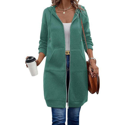 Women Mid-Length Hooded Sweatshirt Jacket Casual Zip Up Cardigan Coat with Pockets