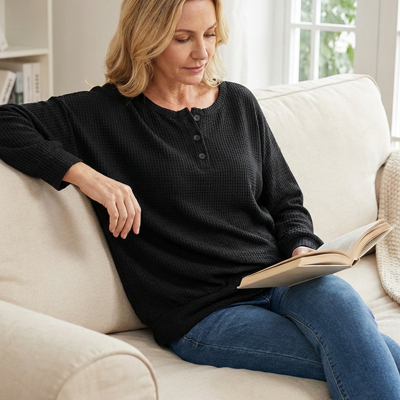 Women's Long Sleeve Waffle-Knit Henley Top