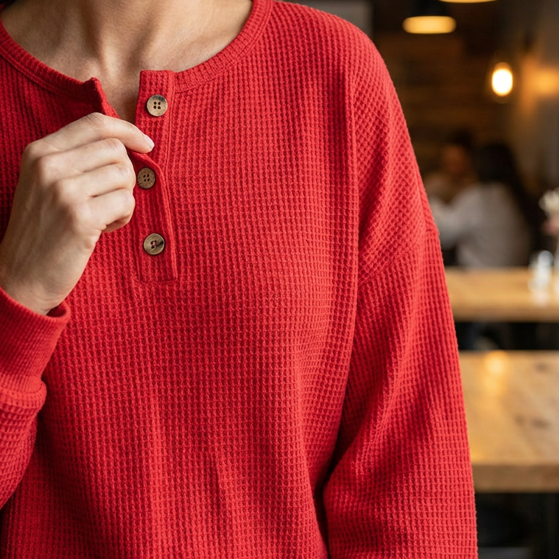 Women's Long Sleeve Waffle-Knit Henley Top