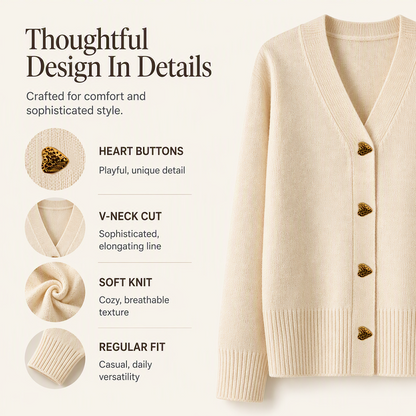 Women's V-Neck Heart Button Knit Cardigan