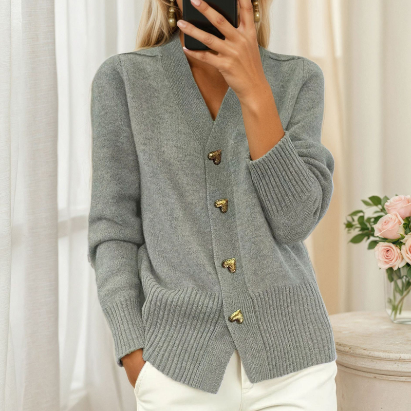 Women's V-Neck Heart Button Knit Cardigan