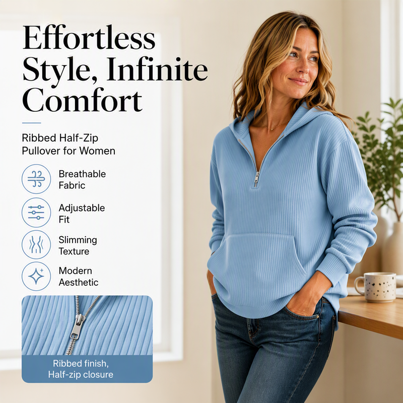 Women's Casual Ribbed Knit Half-Zip Hoodie