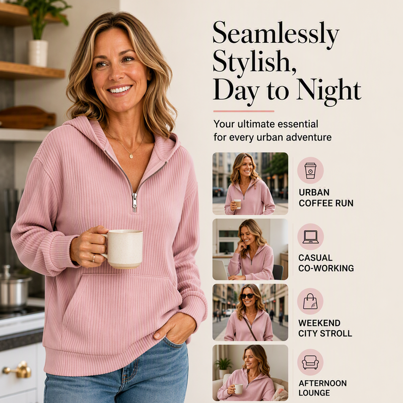 Women's Casual Ribbed Knit Half-Zip Hoodie